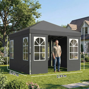 Carpa Plegable 3x3 m, Pop-up, con 4 Laterales Extraíbles, Cenador de Jardín con UPF50+, Bloqueo Central, Altura Ajustable, Bolsa de Transporte, Sacos Arena, Gazebo para Exterior, Gris Oscuro