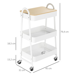 Carrito Auxiliar con Ruedas de 3 Niveles, Carrito de Cocina con 3 Cestas de Acero y 1 Placa de Cubierta, para Comedor, Sala Baño, 45x31x79,4 cm, Blanco