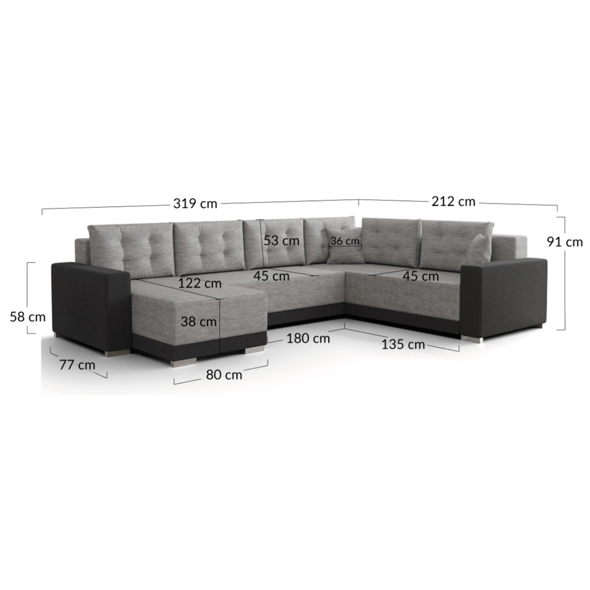 Roger - Canapé panoramique d'angle réversible 7 places convertible avec coffre en tissu - Gris / Noir