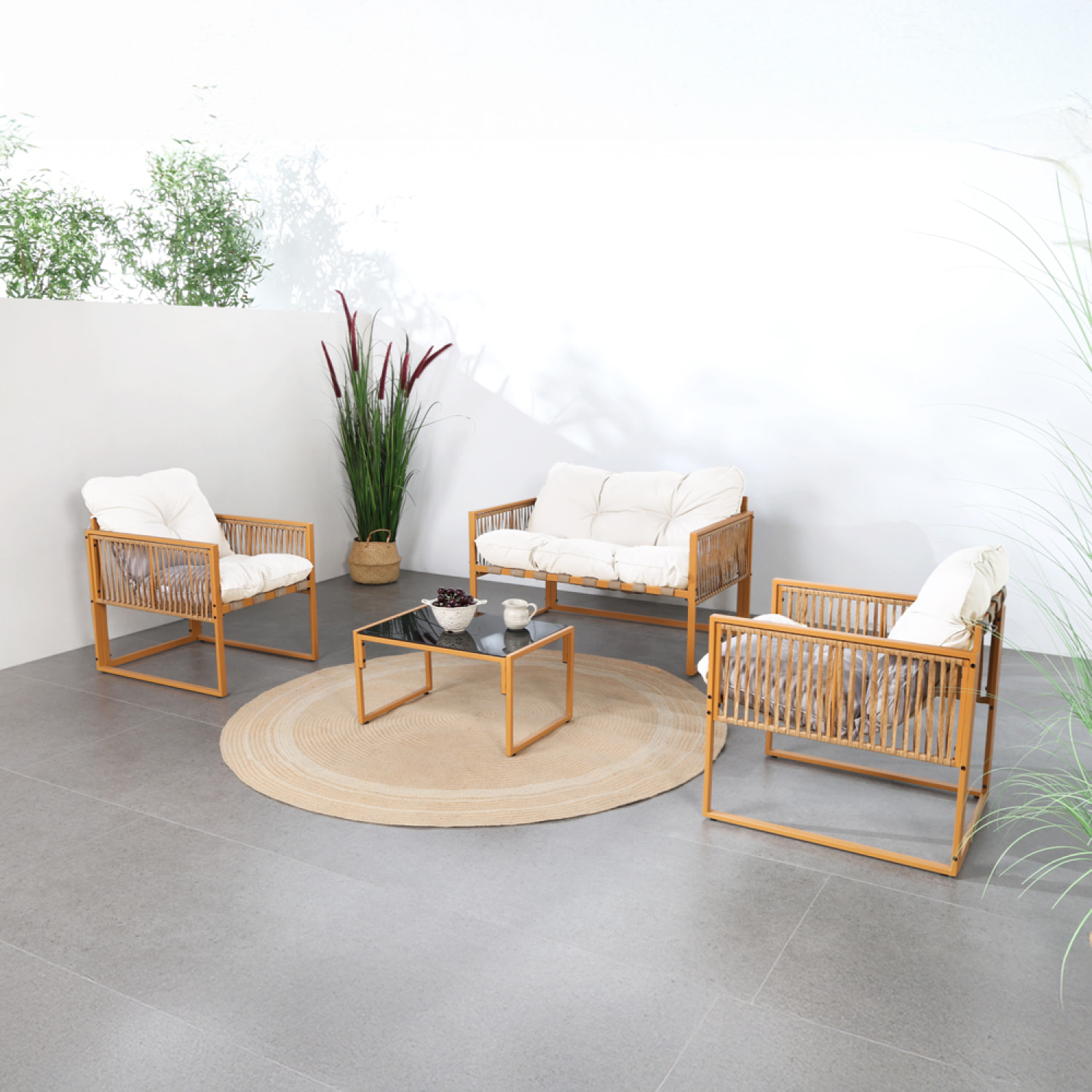 FORLI Salon de jardin 4 places effet rotin coussins blancs