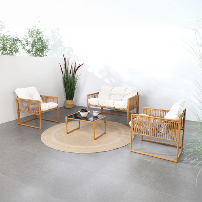 FORLI Salon de jardin 4 places effet rotin coussins blancs