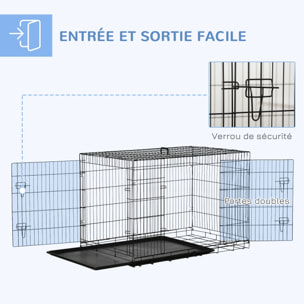 Cage de transport pour chien pliable - 2 portes verrouillables - plateau amovible - dim. 121L x 77l x 82H cm - acier ABS noir