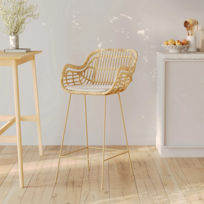 Chaise de bar en rotin, coussin en tissu et pieds en métal beige 71 cm - Chiloé