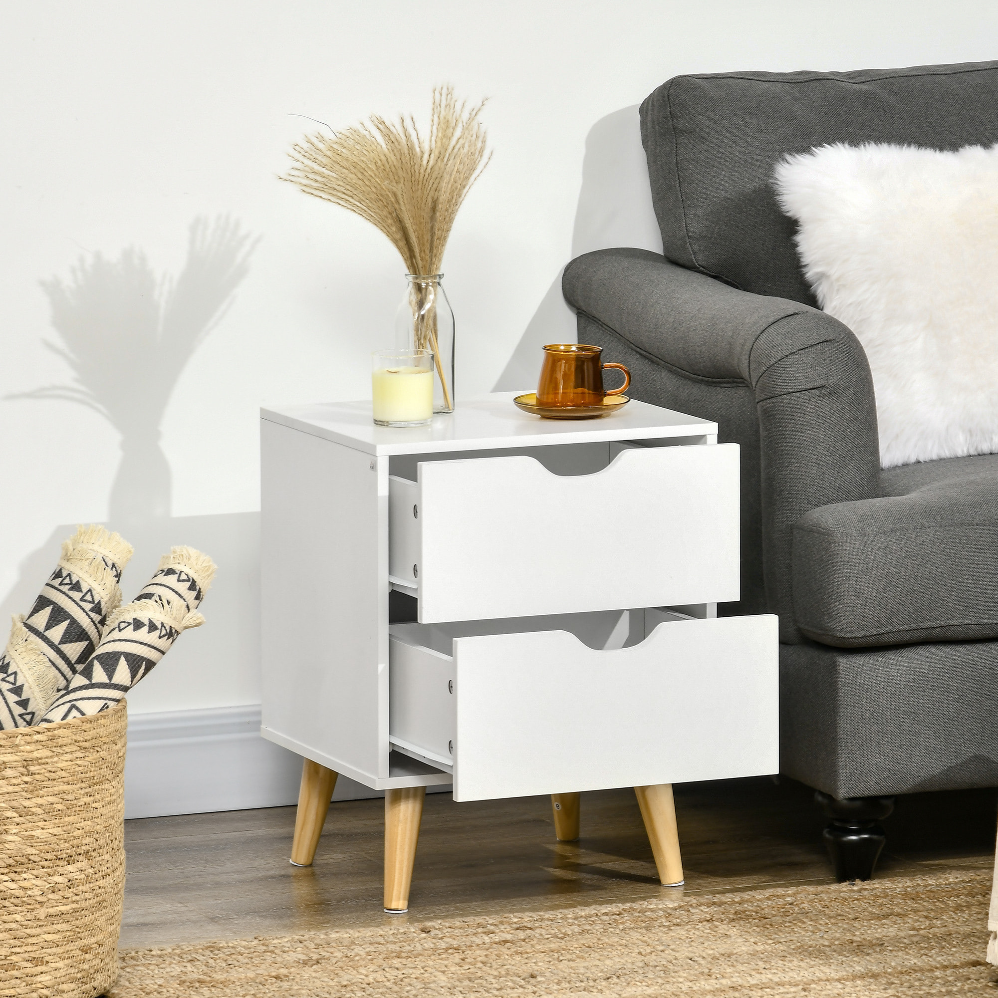 Chevet table de nuit design scandinave 2 tiroirs piètement bois pin panneaux particules blanc