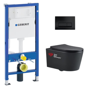 Pack WC Bati-support Geberit + WC Swiss Aqua Technologies sans bride + abattant SoftClose + plaque noire mat (BLSATGEB10SP)