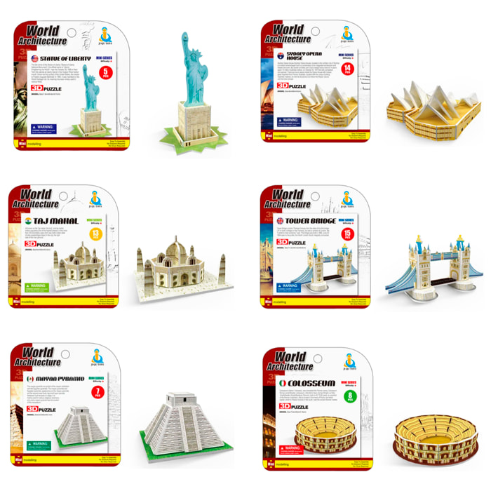 Pack de 6 mini puzles 3D de cartón con diferentes construcciones famosas. Con un total de 62 piezas.
