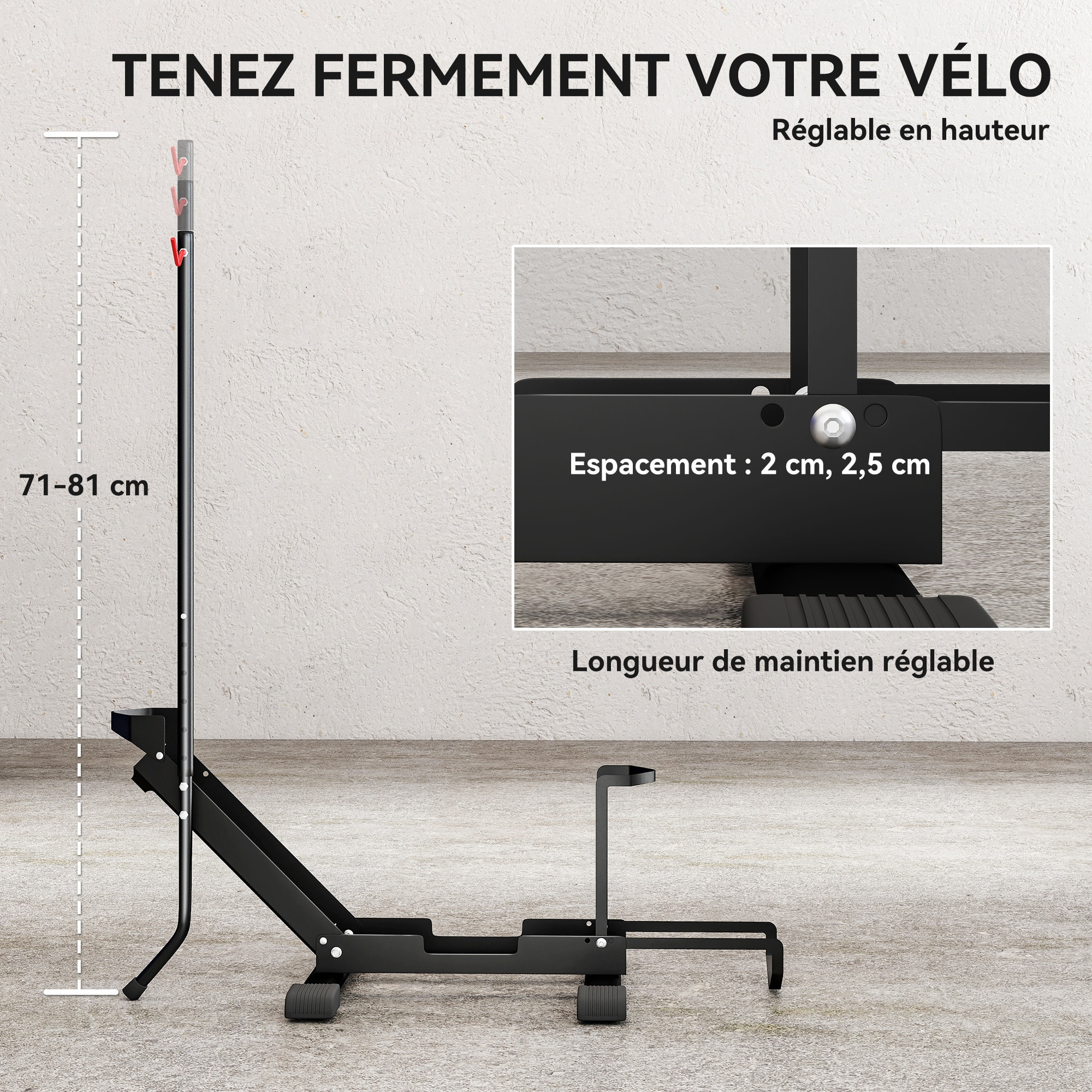 Râtelier vélo - support vélo au sol hauteur réglable pliable - compatible 20-29 pouces - acier noir