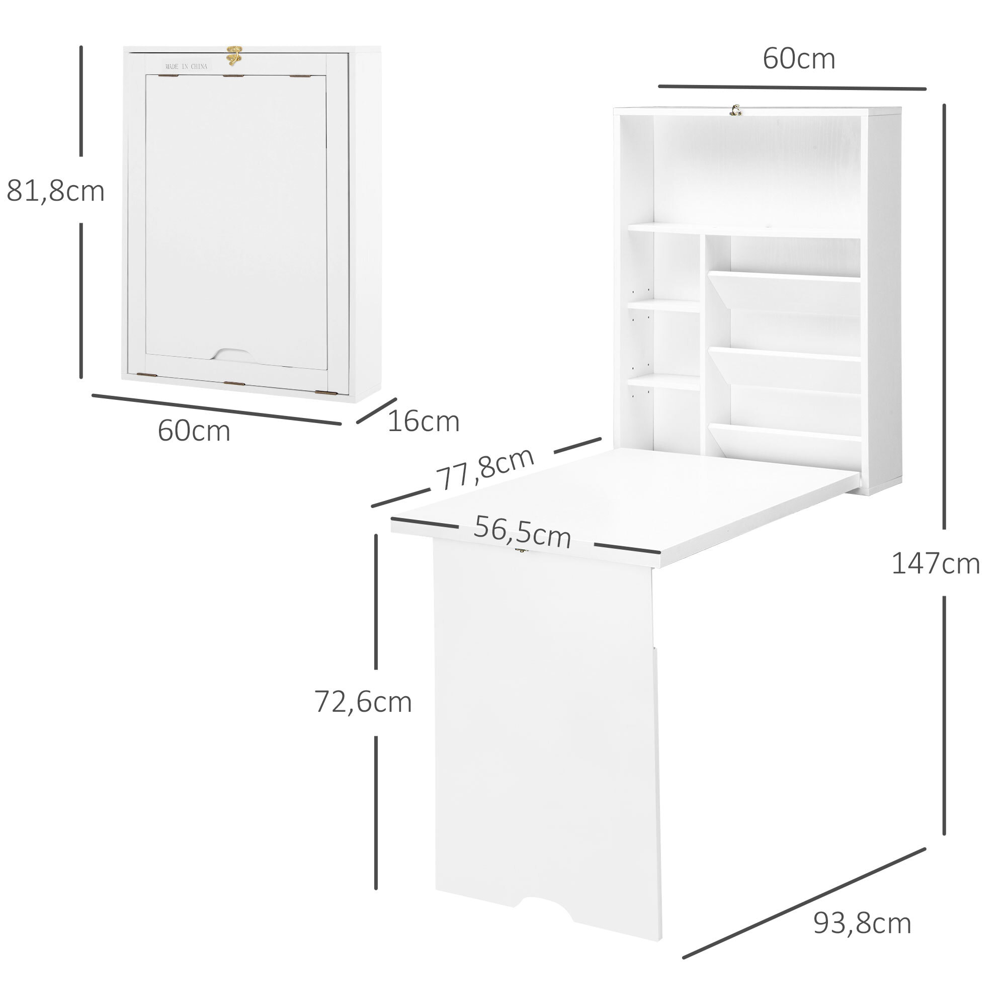Bureau pliable rabattable - bureau bibliothèque 2 en 1 - étagères - blanc