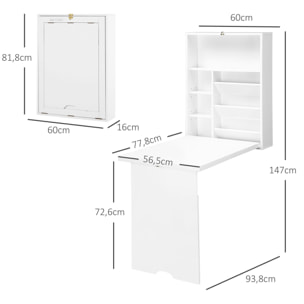Bureau pliable rabattable - bureau bibliothèque 2 en 1 - étagères - blanc