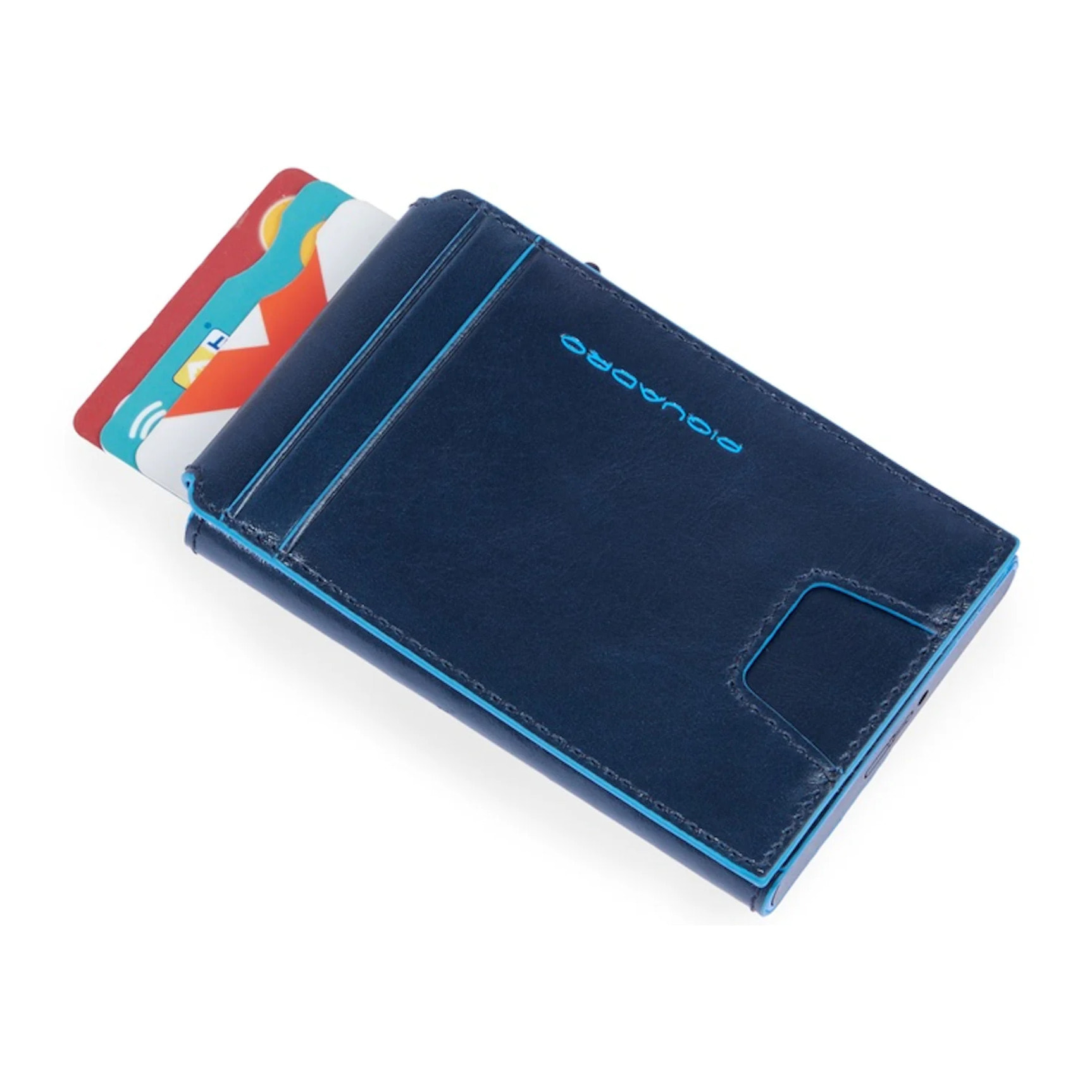 Piquadro Portacarte automatico in alluminio e pelle con protezione RFID