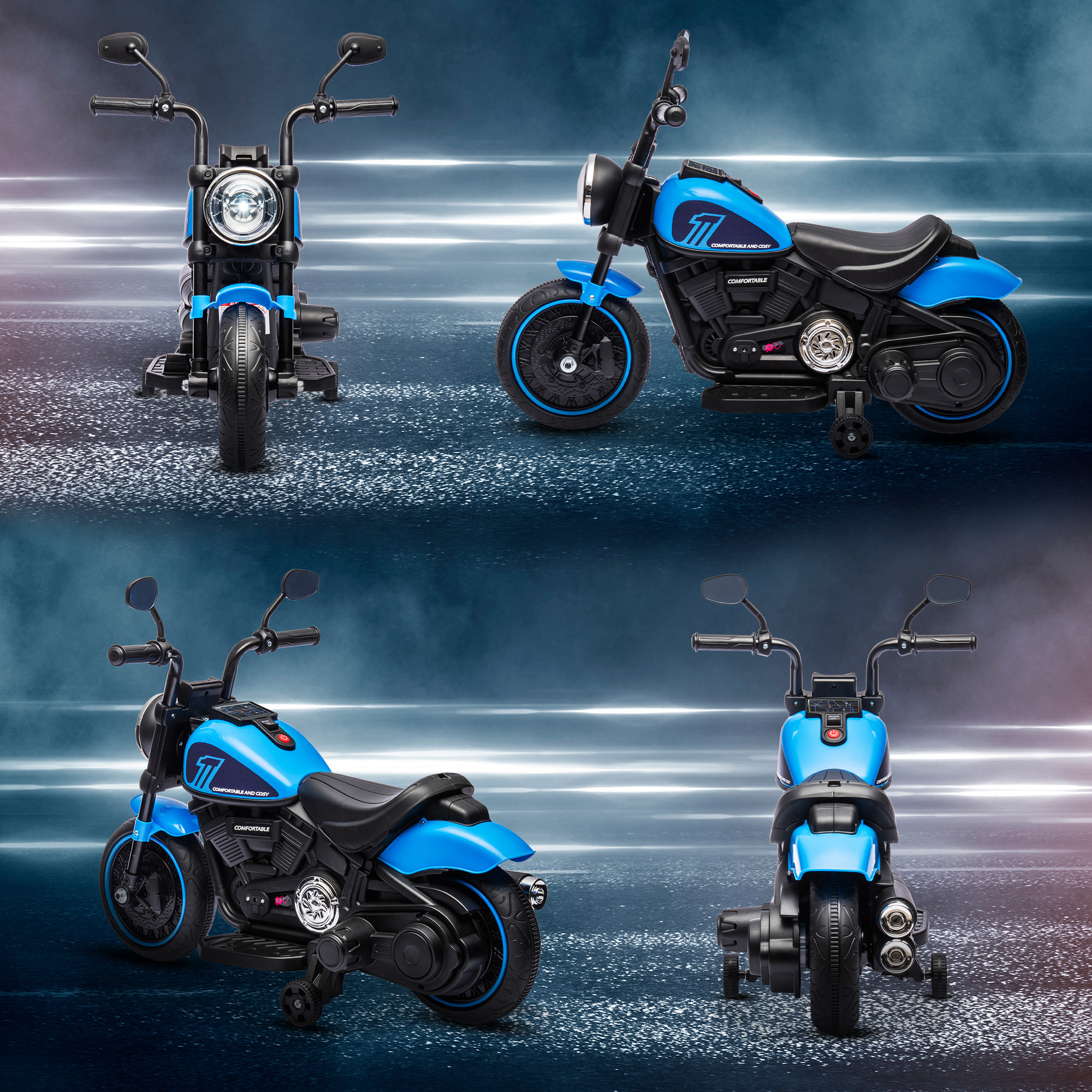 Moto Eléctrica para Niños de 18-36 Meses, Moto Eléctrica Infantil con Batería 6V, Faro y Ruedas Auxiliares Desmontables, Carga 25 kg, Azul
