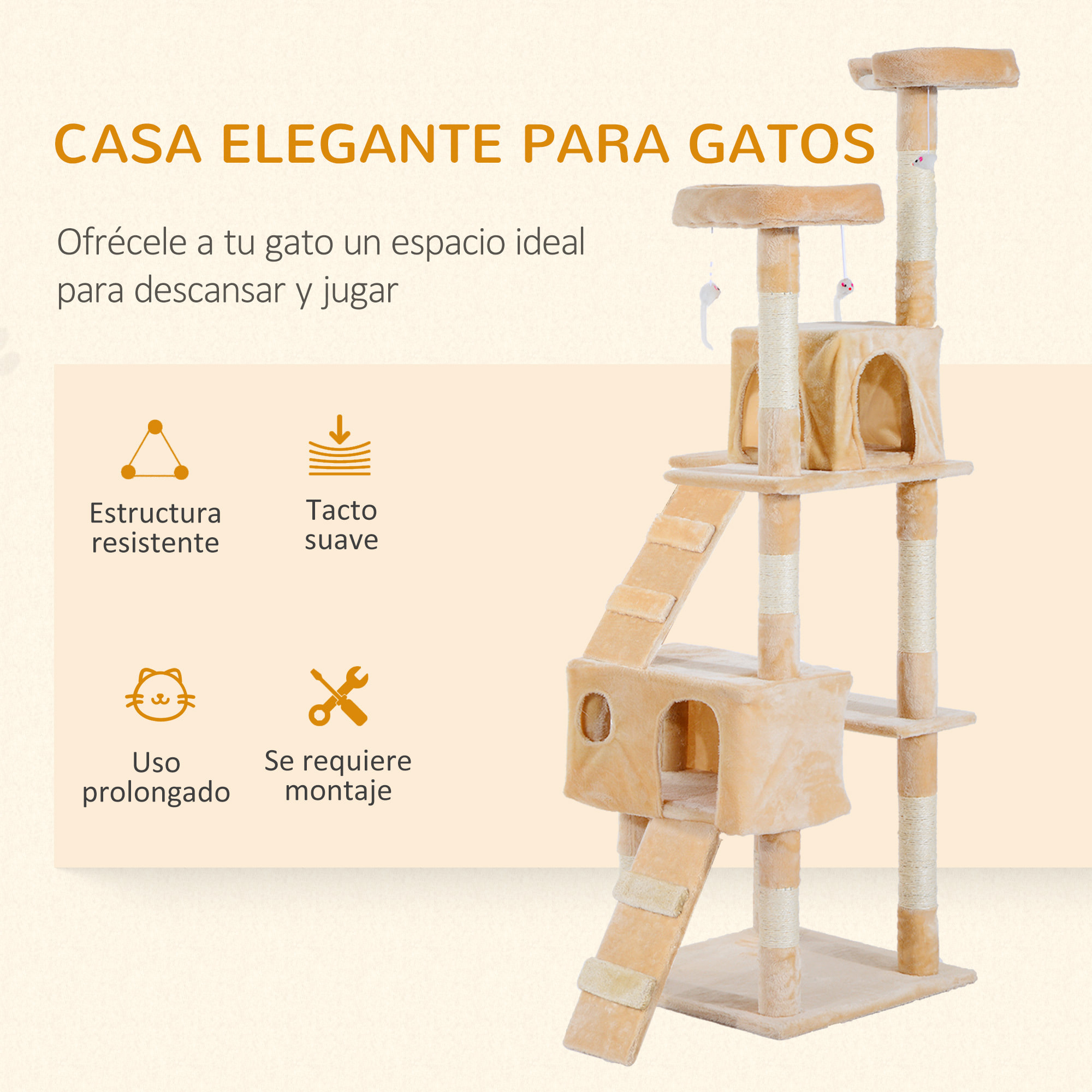 Árbol para Gatos de Madera Felpa y Sisal 50x50x170cm Beige