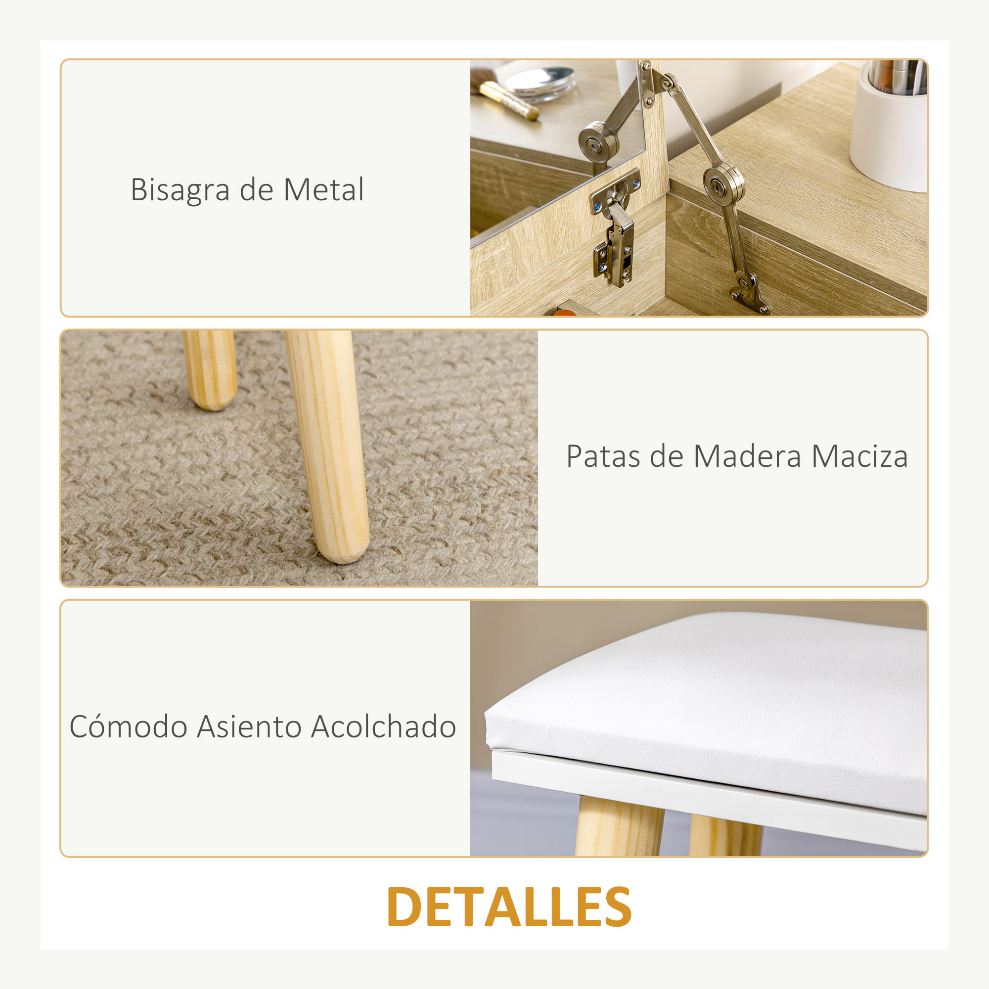 Pack Tocador y Silla con Espejo de Madera 100x45x118cm Natural