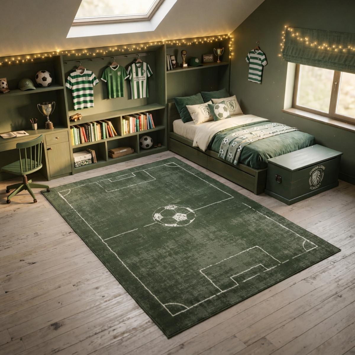 Tapis enfant motif terrain de football, ludique et sportif