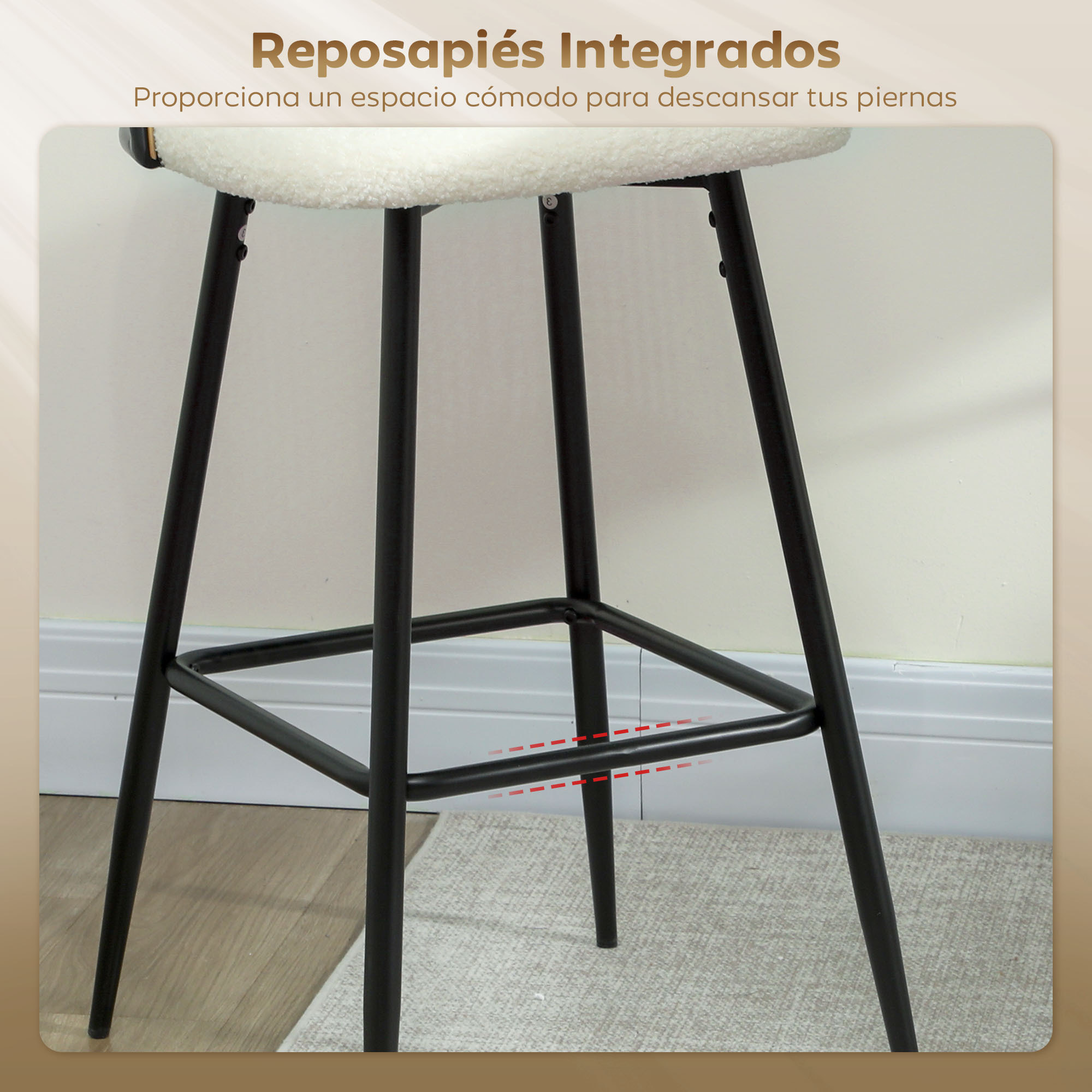 Juego de 2 Taburetes de Bar, Taburetes Altos de Cocina con Respaldo de Ratán, Asiento Tapizado en Borreguito, Marco de Acero y Reposapiés para Comedor, Mostrador, Blanco Crema