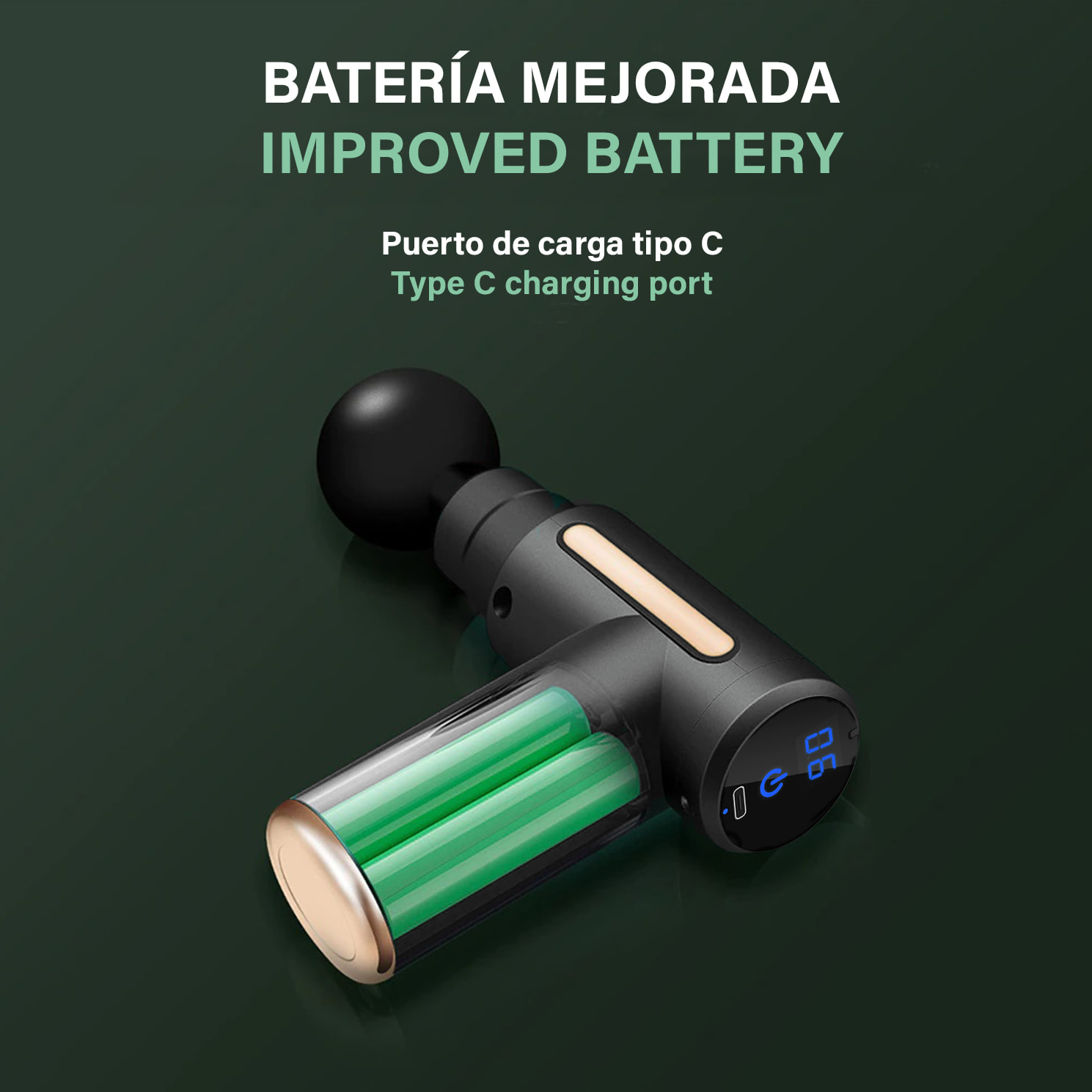 Mini pistola per massaggio muscolare Fascia Gun BX720 con schermo tattile. 6 livelli con velocità da 1800 a 3200 rpm. 4 teste.