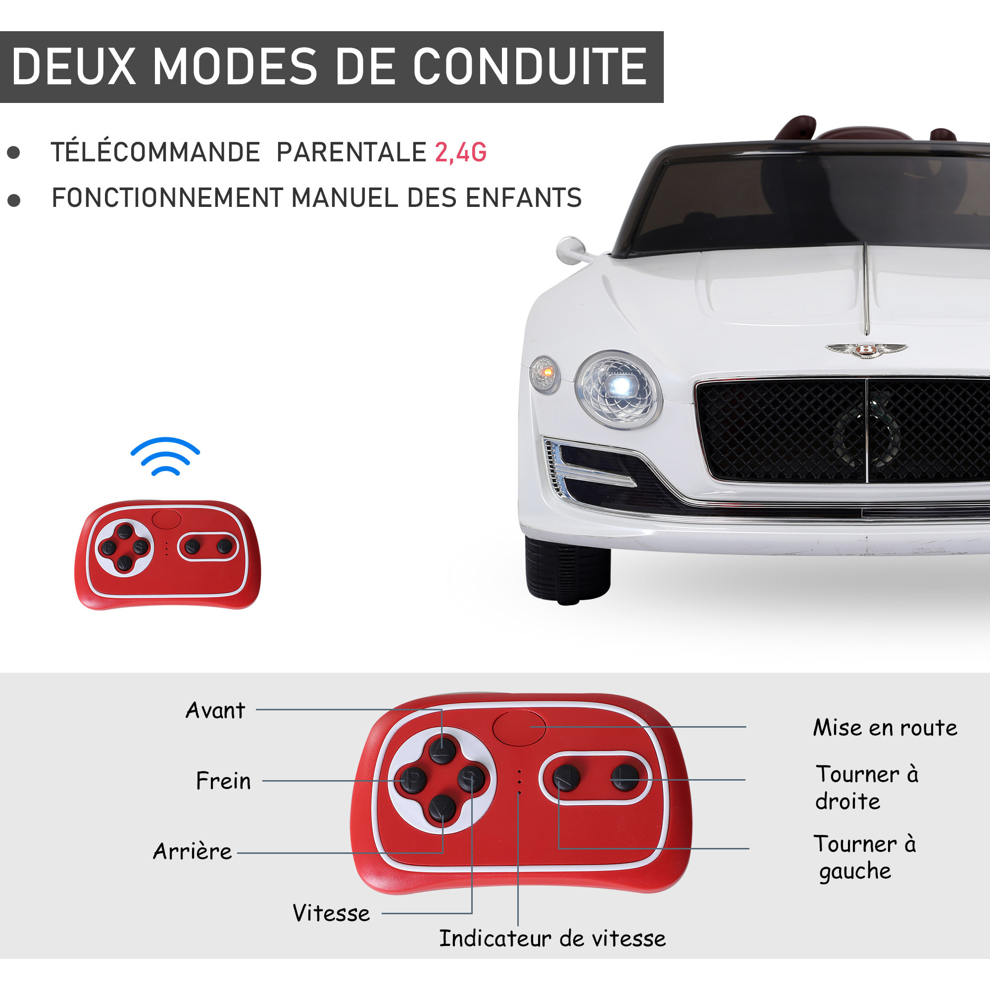 Véhicule électrique enfants 2 moteurs 108L x 60l x 43H cm télécommande effets sonores + lumineux blanc Bentley