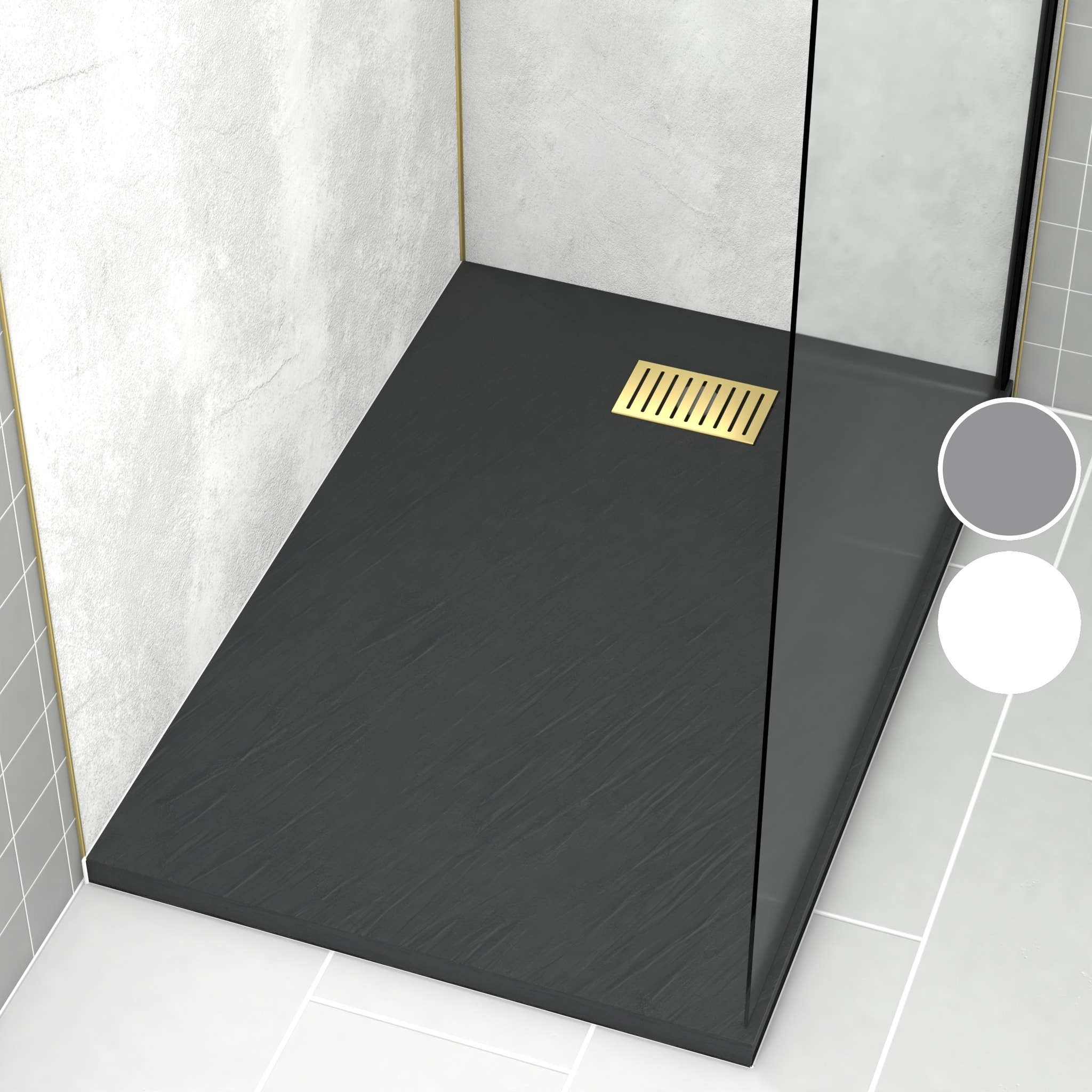 Receveur de douche Noir Effet Pierre 80x120 cm et Grille décor Linéaire Or Doré Brossé