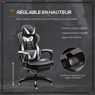 Vinsetto Fauteuil de bureau gamer style baquet racing - pivotant, inclinable - coussin lombaire, tétière, repose-pieds inclus - revêtement synthétique blanc noir