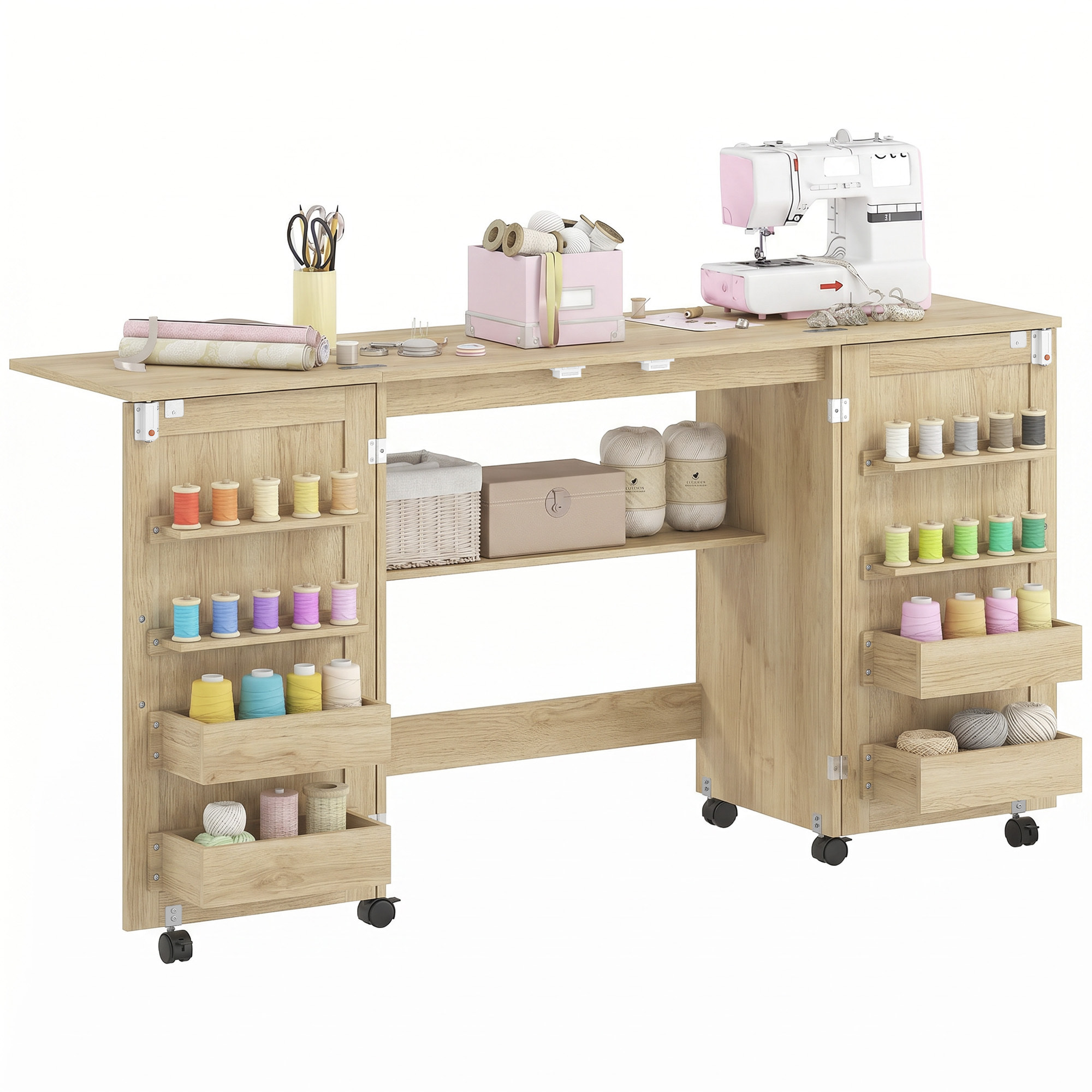 Mesa de Costura Plegable con 6 Ruedas, Mueble para Máquina de Coser con 20 Clavijas para Hilos, 4 Compartimentos, Estante, Armario de Costura para Estudio, Salón, Dormitorio, Roble