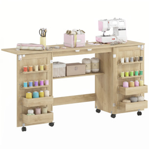 Mesa de Costura Plegable con 6 Ruedas, Mueble para Máquina de Coser con 20 Clavijas para Hilos, 4 Compartimentos, Estante, Armario de Costura para Estudio, Salón, Dormitorio, Roble