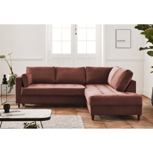 Anna - canapé d'angle droit - 5 places - convertible - en velours - Rose