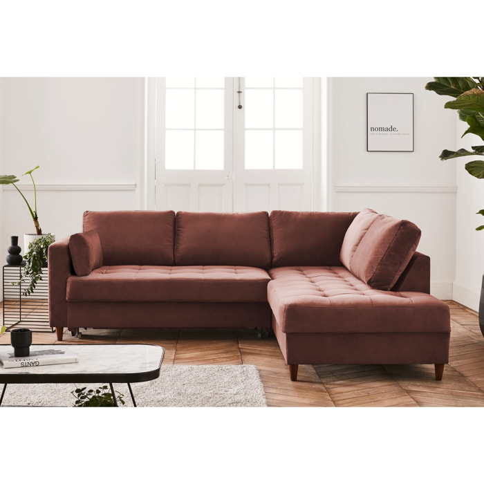 Anna - canapé d'angle droit - 5 places - convertible - en velours - Rose