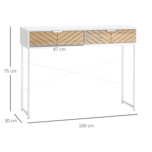 Table console industriel 2 tiroirs aspect bois de chêne sculpté motif à chevrons piètement métal blanc