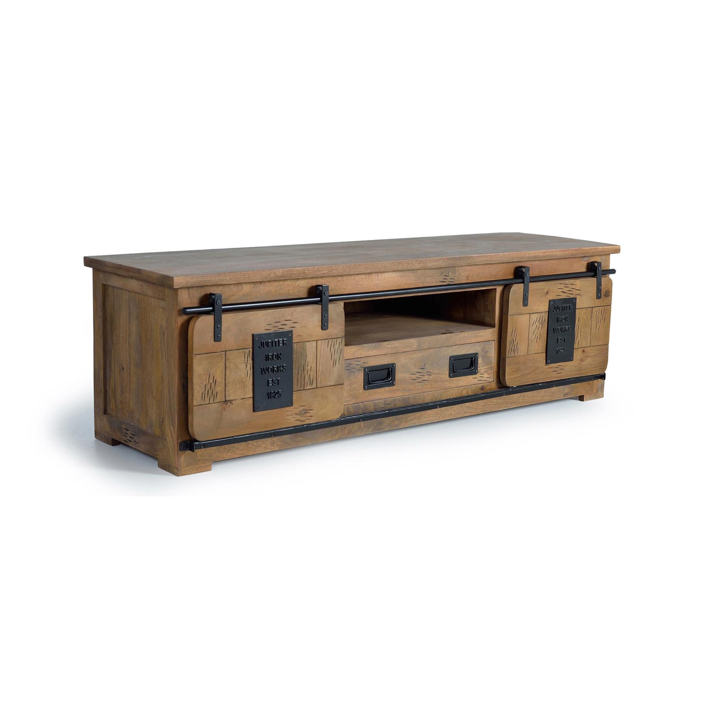 Mueble tv 2 puertas correderas y 1 cajón - madera de mango y metal - 55x180x50cm