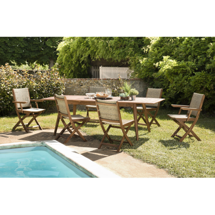 VICTOIRE - SALON DE JARDIN EN BOIS 8/10 pers 1 Table rect. extensible - 4 chaises 2 fauteuils pliants et rotin synthétique