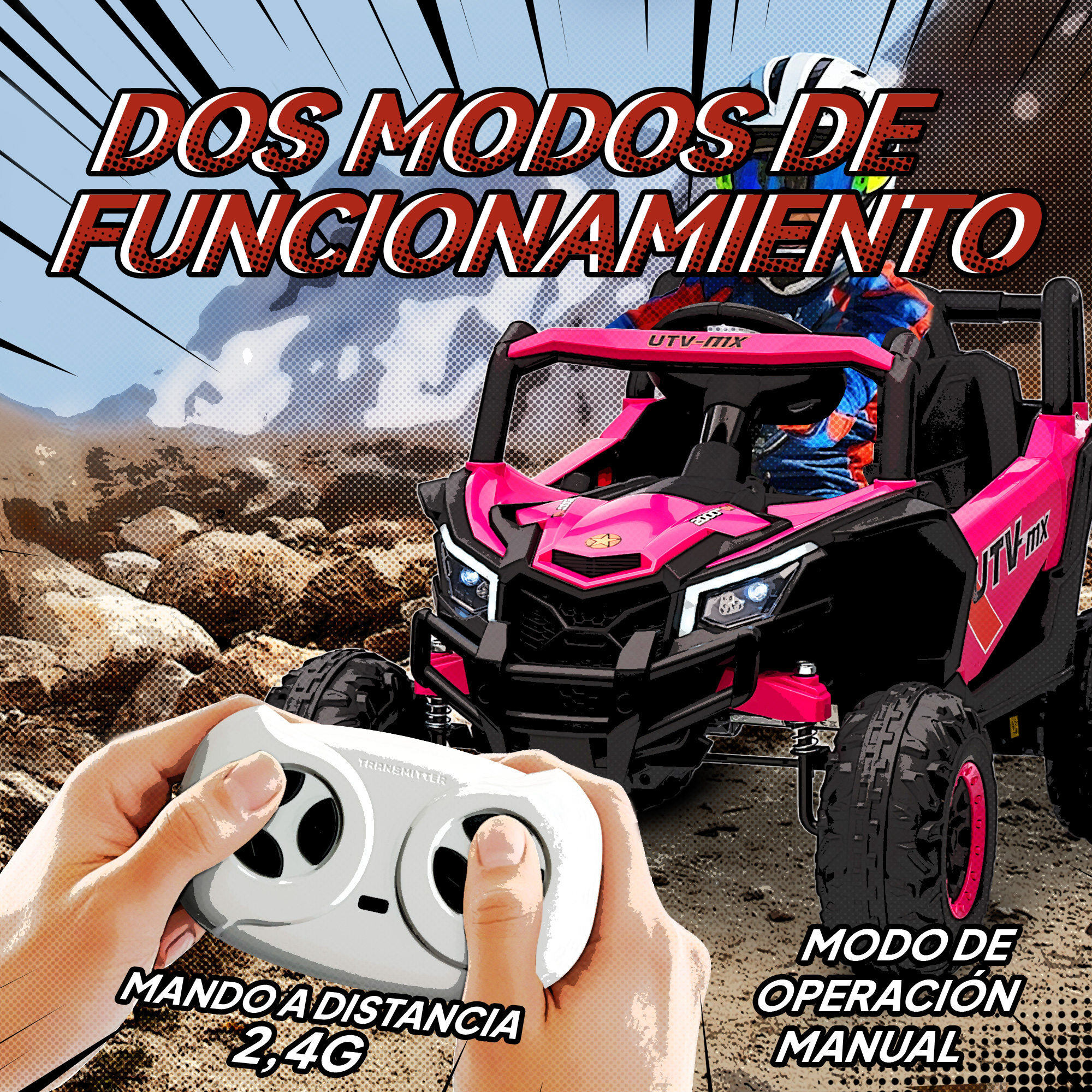 Coche Eléctrico para Niños 12V, Coche de Batería UTV con 2 Motores, Control Remoto 2,4G, Velocidad hasta 7 km/h, Sistema de Suspensión, Faros, USB, para Niños de +3 Años, Rosa