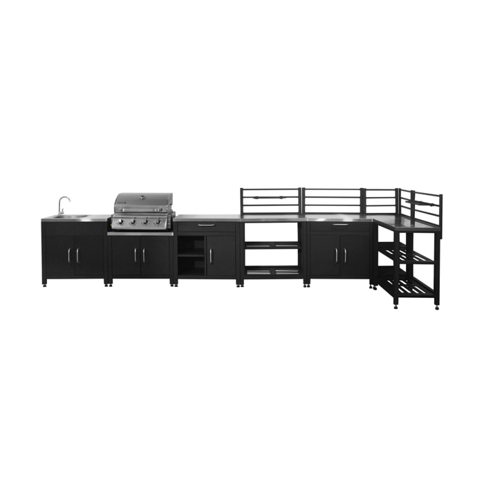 Cuisine d'extérieure 7 modules avec barbecue gaz 4 brûleurs sur pieds, thermomètre GRIMAUD BARBECUE GAZ + 7 MODULES