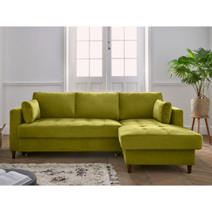 Anna - canapé d'angle droit - 4 places - convertible avec coffre - en velours - Vert Olive