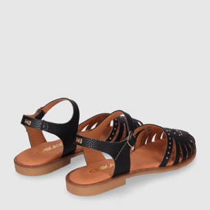 Sandalias de Piel - Negro - Tacón: Bajo