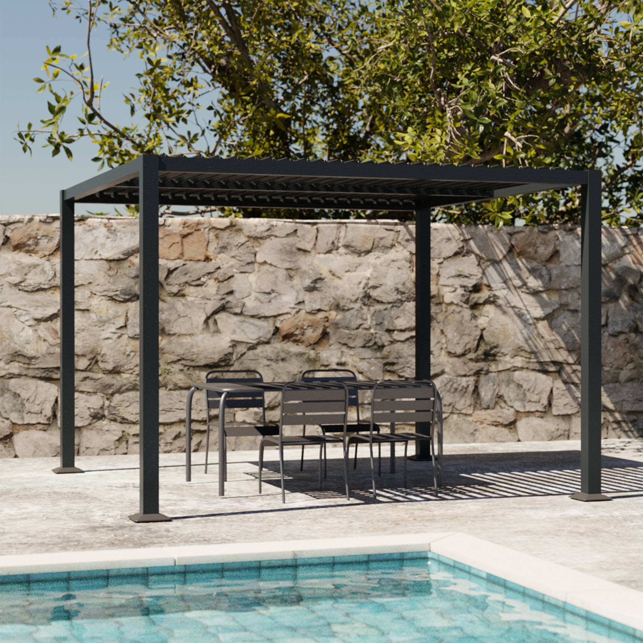 Pergola bioclimatique anthracite. aluminium et acier. 3x3m. lames orientables