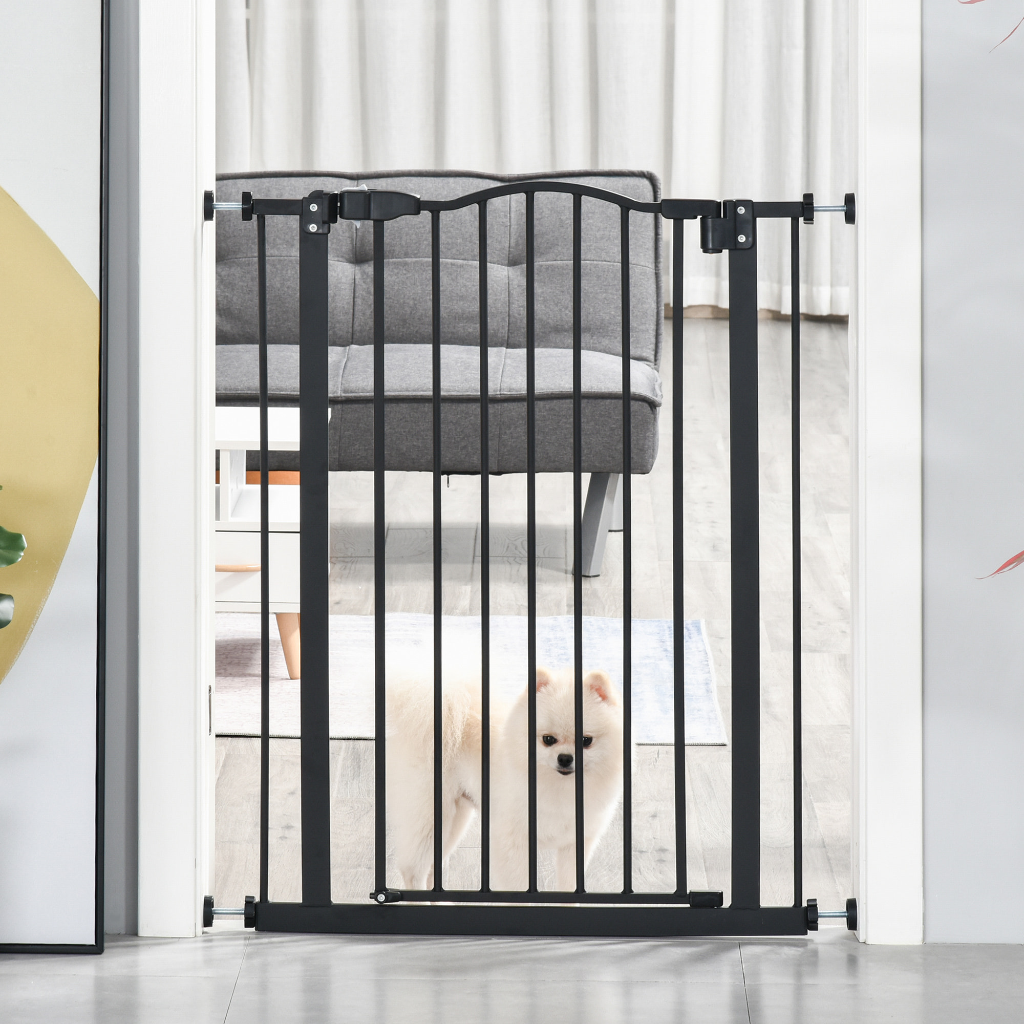 Barrera de Seguridad para Perros Extensible 74-80 cm para Puertas y Escaleras Puerta de Seguridad para Mascotas con Extensiones Montaje a Presión y Doble Bloqueo Negro