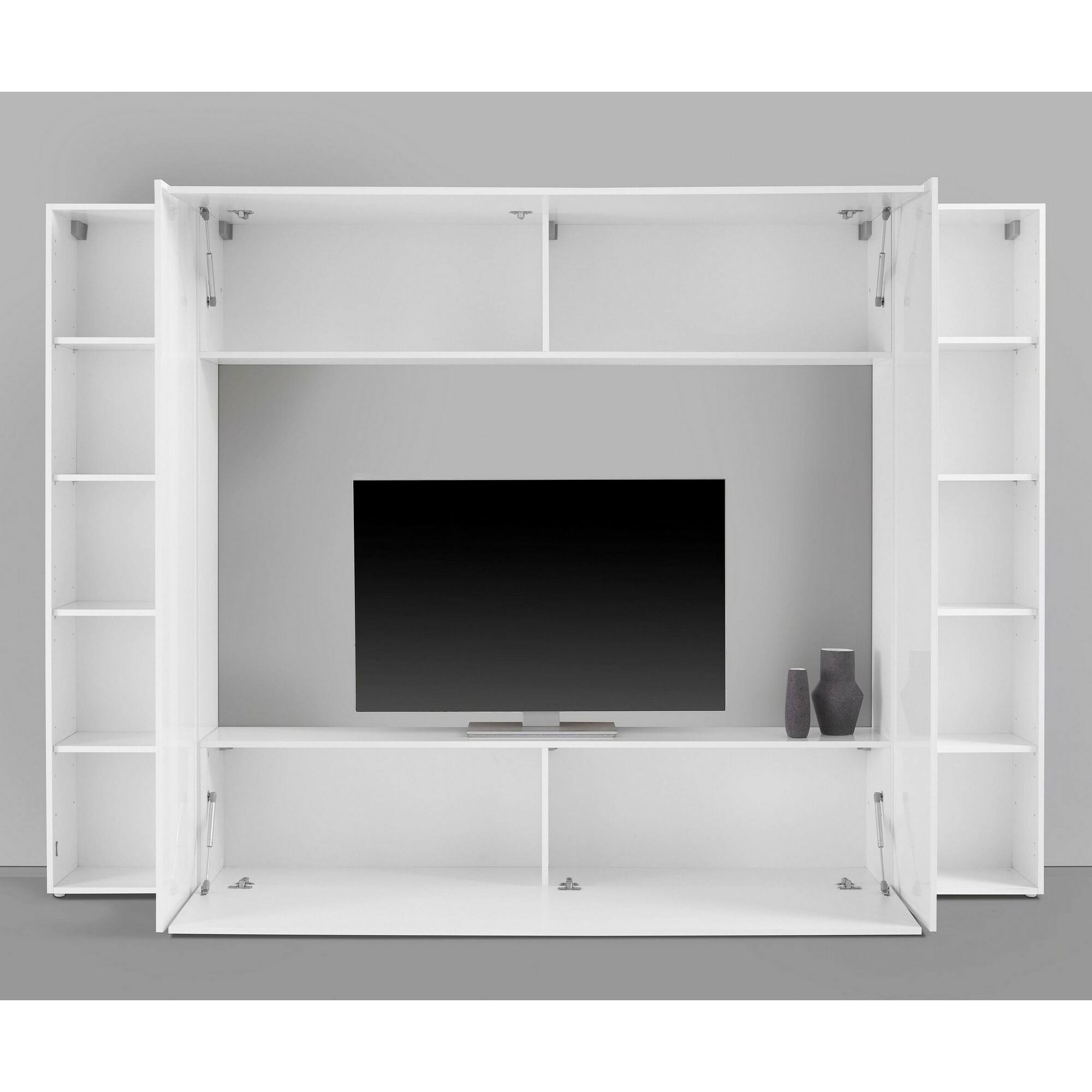 Parete attrezzata da soggiorno, Made in Italy, Base porta TV e pensili e scaffali, Set salotto moderno, cm 260x30h180, colore Bianco lucido