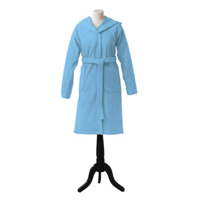 Peignoir de bain à capuche uni en coton, AQUA, Bleu Turquoise