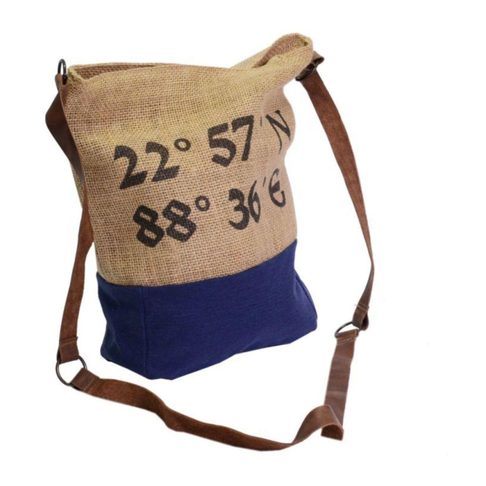 Borsa in juta naturale e tessuto blu cm30xh30x8
