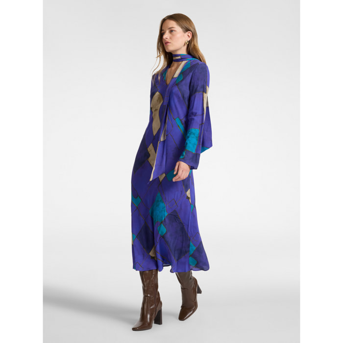 Elena Mirò - Vestido largo de viscosa estampado con lazo - Azul aciano