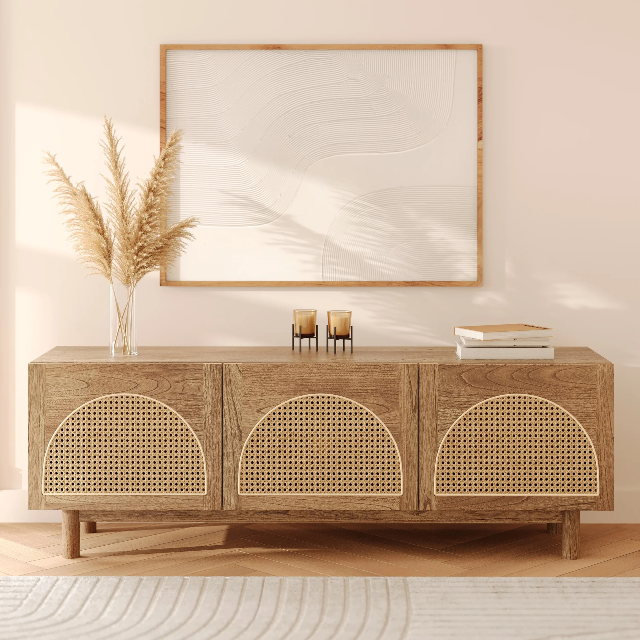 Meuble TV en bois massif de mindi et rotin 160 cm - Delya