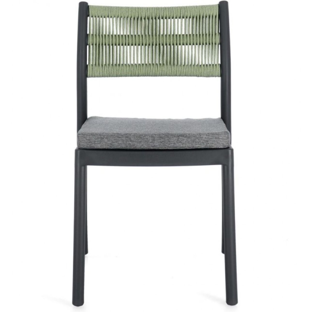 Set di 4 sedie ALVIN in polipropilene antracite e corda intrecciata verde, impilabili