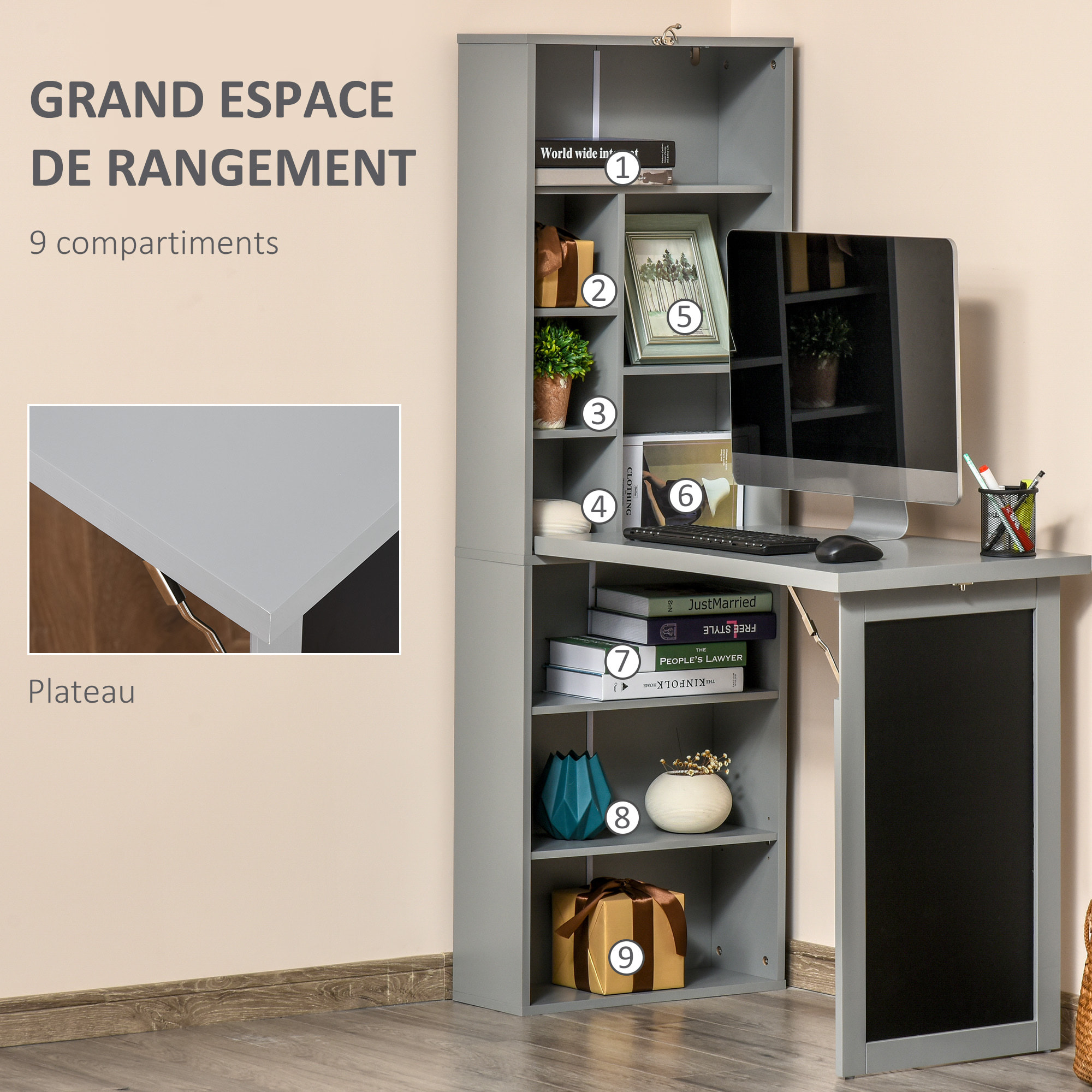 Bureau mural pliable table murale rabattable suspendue sur pied avec bibliothèque tableau à craie intégré panneaux particules gris