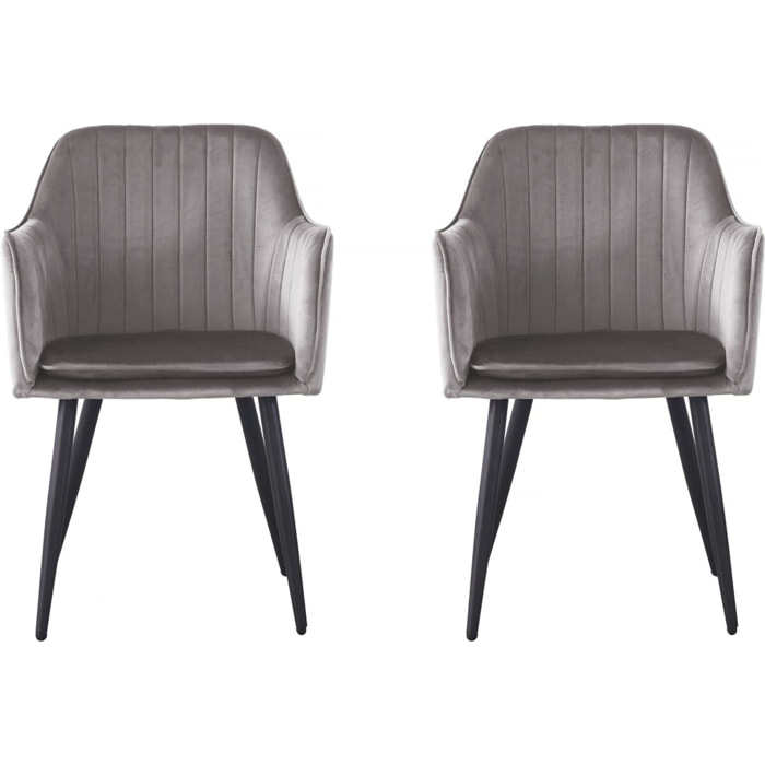 Lot de 2 chaises "Velma" en velours avec accoudoirs - Gris