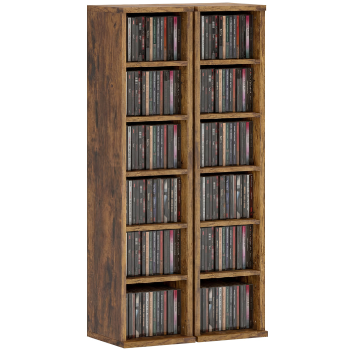 Set de 2 Estanterías para CDs y DVDs, Soportes para CD Estrechos con 12 Compartimentos, Estantes Ajustables, Estanterías para Salón, Oficina, 21x22,5x88,5 cm, Marrón Rústico