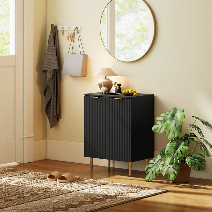 Buffet 2 portes étagère design effet cannelé piètement poignées métal doré noir