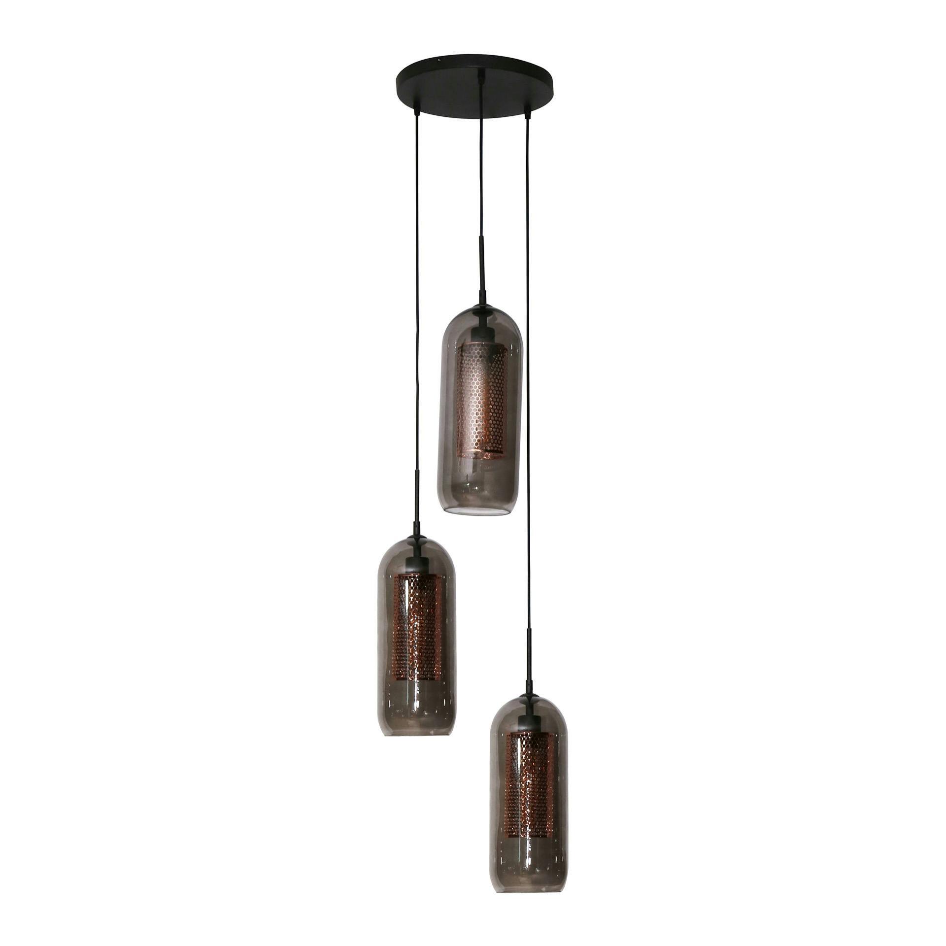 Suspension en verre fumé et métal cuivré 3 lampes NOVA