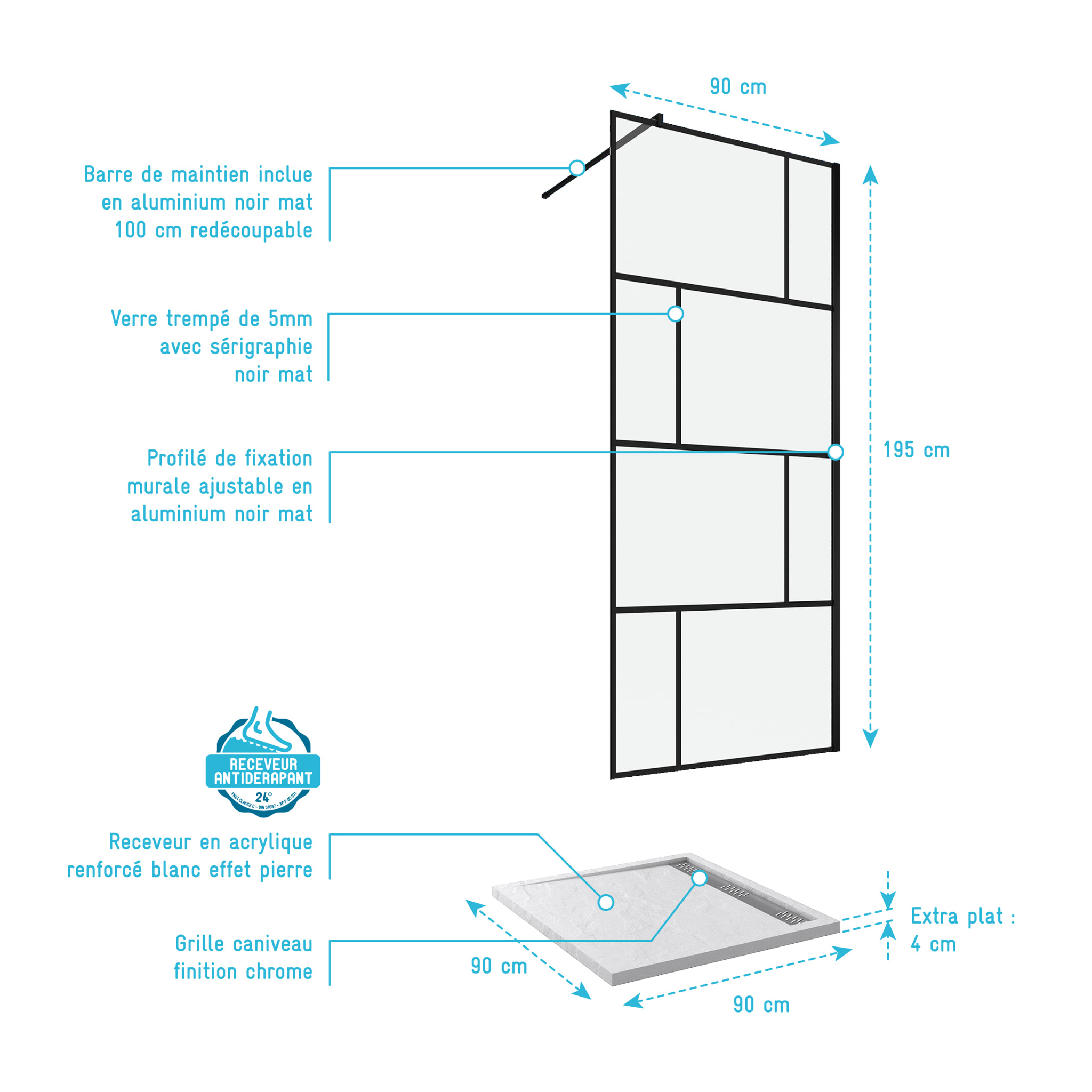 Pack Paroi de douche 90x195 cm + RECEVEUR EN ACRYLIQUE BLANC EFFET PIERRE 90X90