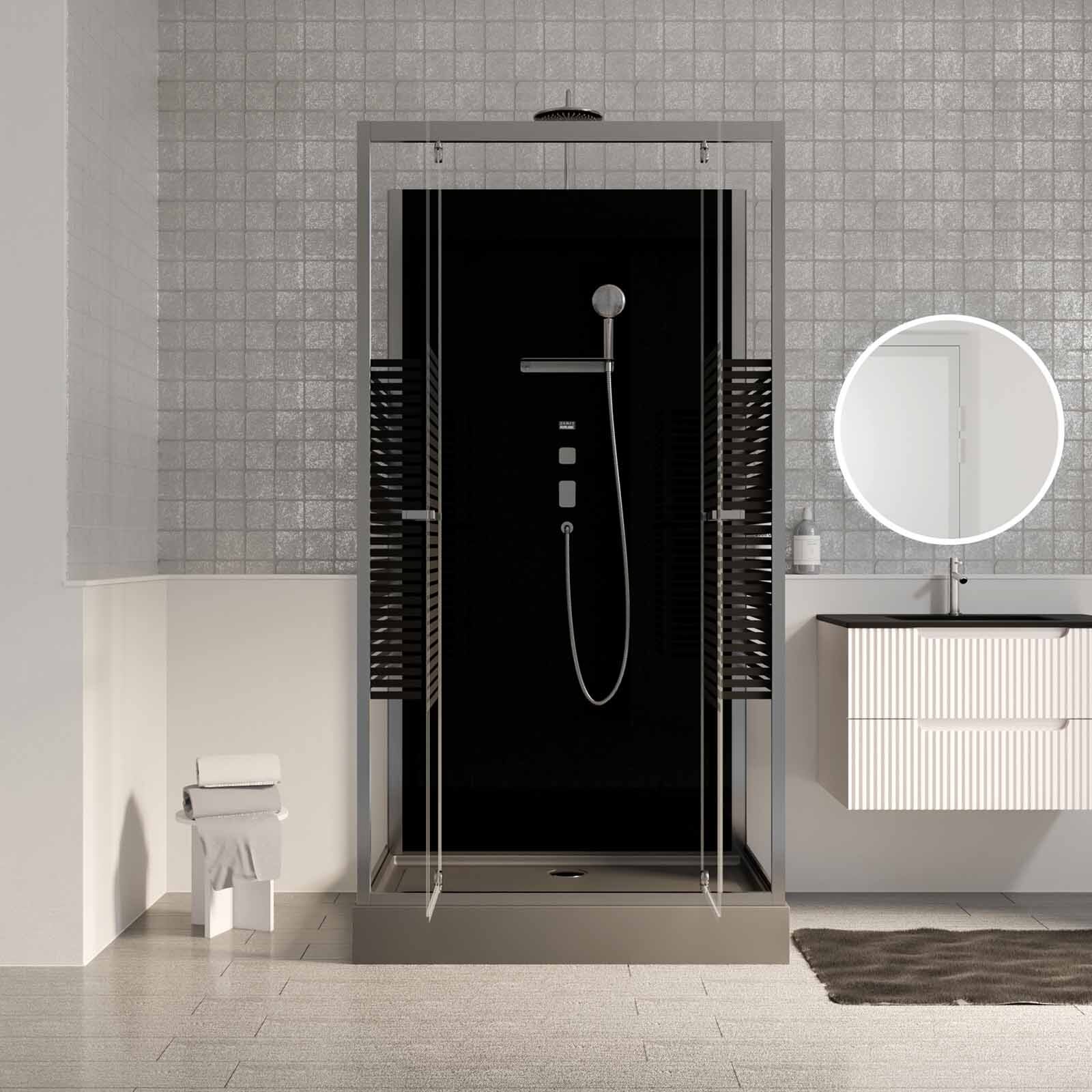Cabine de douche rectangle 110x80x215cm - Portes pivotantes - Lignes grises anthracites - SCRATCHY 2