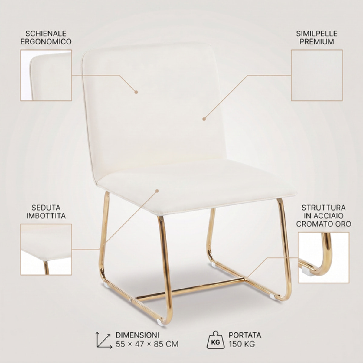 Sedia Imbottita in Similpelle con Gambe Oro, Design Moderno ed Elegante per Sala da Pranzo, Cucina, Soggiorno, Studio e Ufficio